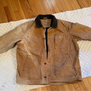 Carhartt Tan Dual Fade Duck Work Jacket with Black Sherpa Collar